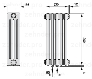 Схема (чертеж) Радиатор Zehnder Charleston 4120/5 №5410 Белый глянцевый RAL 9016